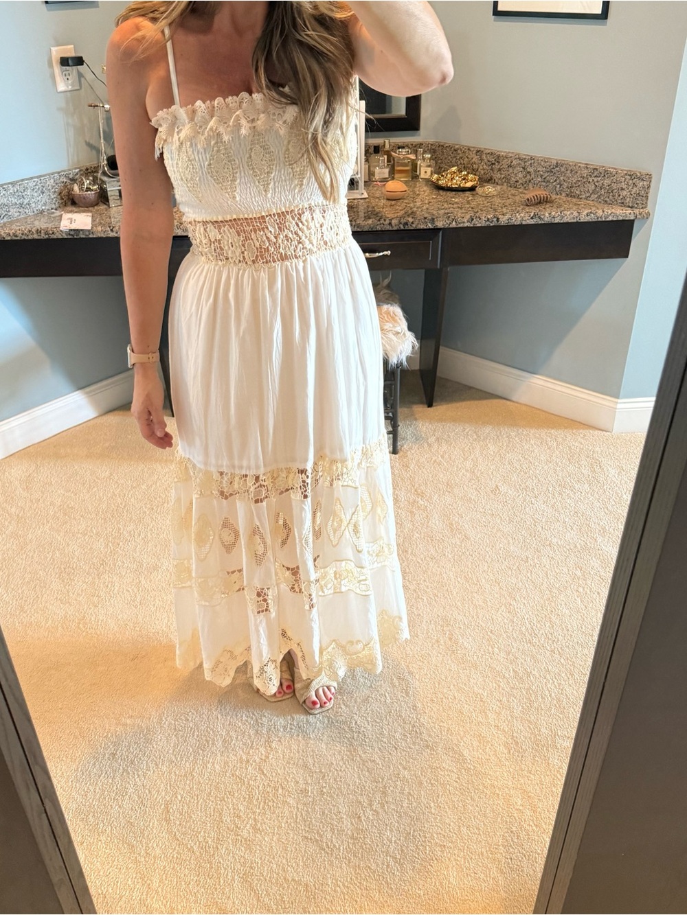 Boho White Lace Maxi Dress with cream Embroidery